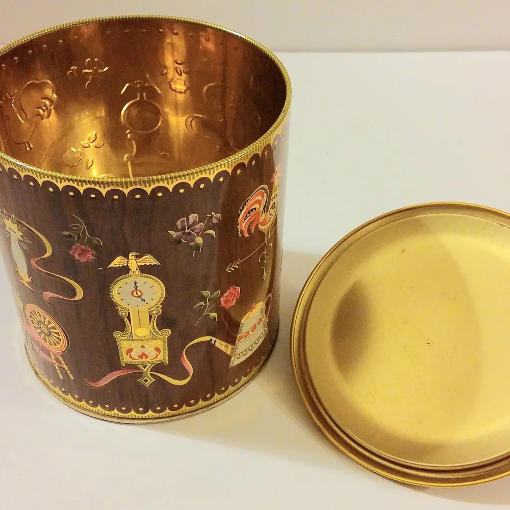 Vintage Decorative Cookie Tin with Brown and Gold Accents
